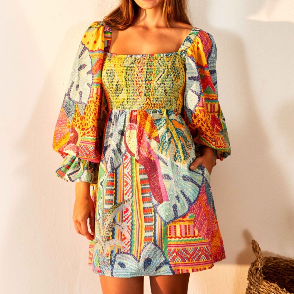 Farm Rio Summer Tapestry Square Neck Mini Dress